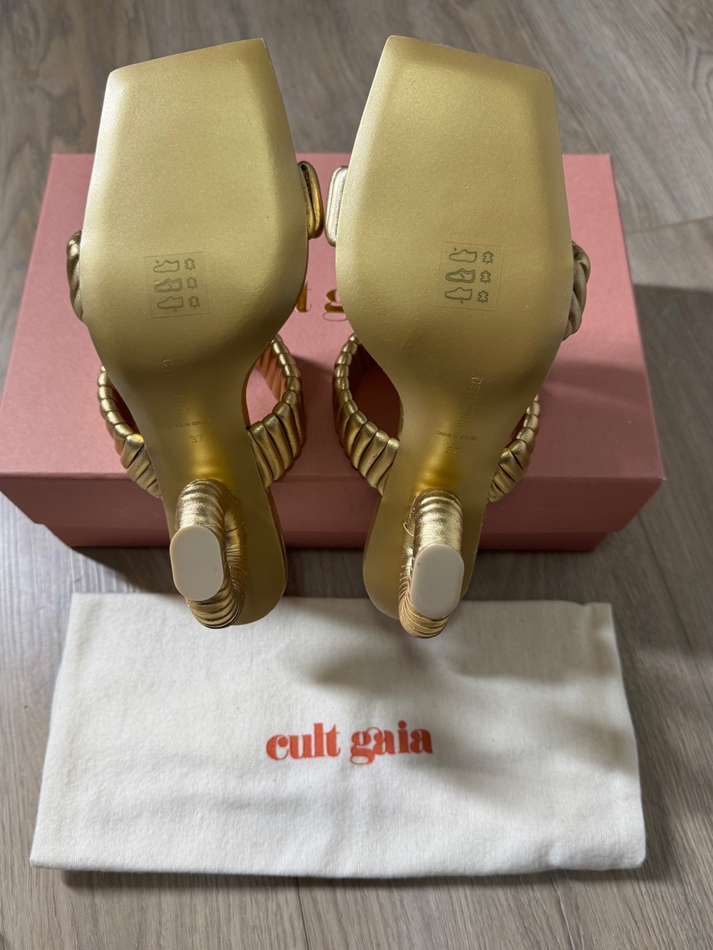 New Cult Gaia Valence Metallic Gold Wrapped O-Ring Heel Sandals Size 37 US 7 - Picture 7 of 12